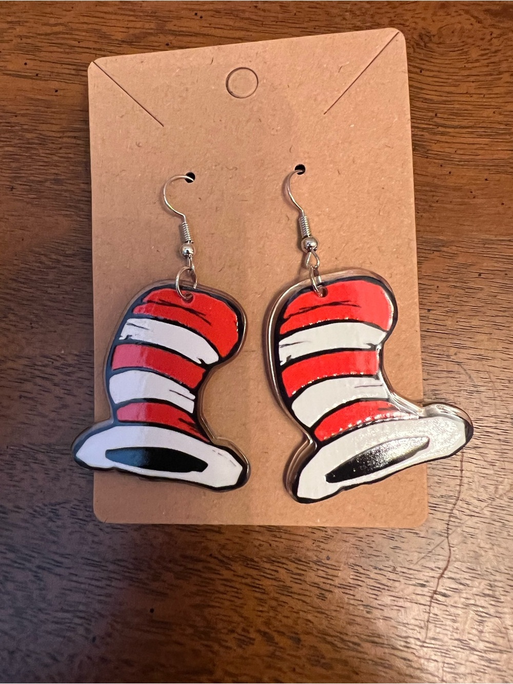 Cat in the Hat Red & White Striped Hat Earrings - Fun Novelty Jewelry